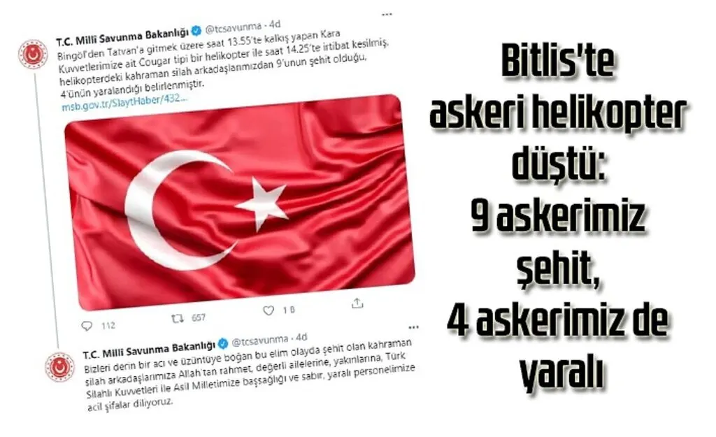 Bitlis'te askeri helikopter düştü: 9 askerimiz şehit, 4 askerimiz de yaralı