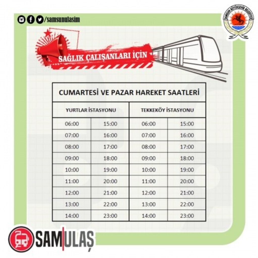 SAMULAŞ Tramvay sefer saatleri, Samsun Tramvay sefer saatleri