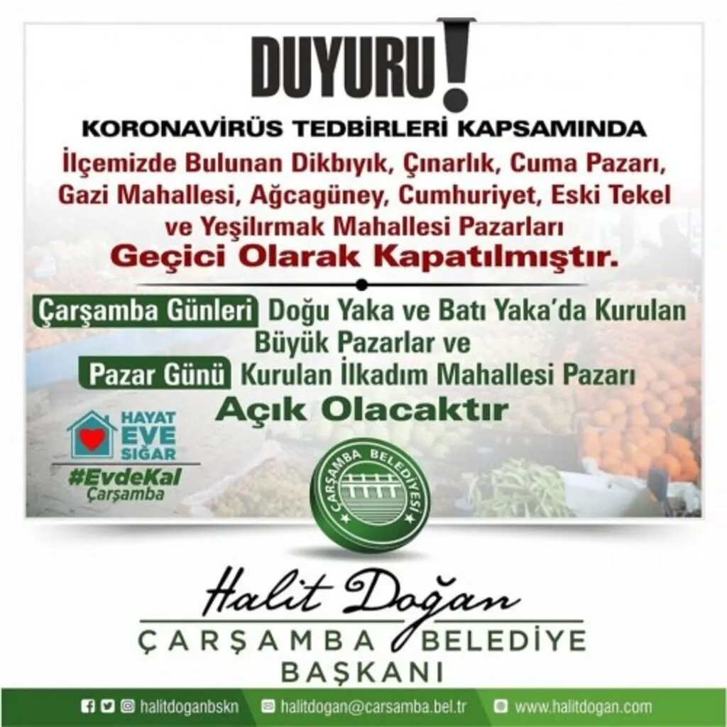 Çarşamba ilçesinde bazı pazar yerleri kapatıldı