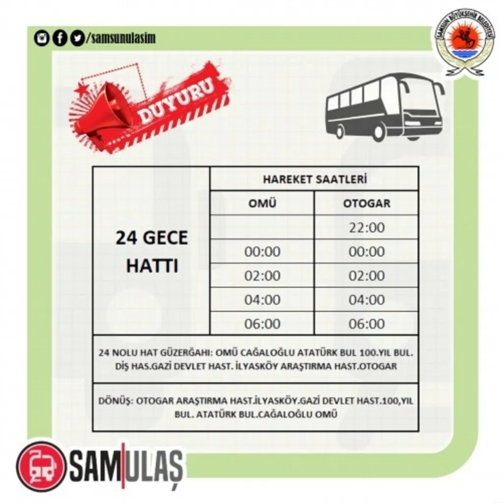 Samsun Tramvay ve Otobüs Sefer Saatleri -  23-24  Ocak 2021