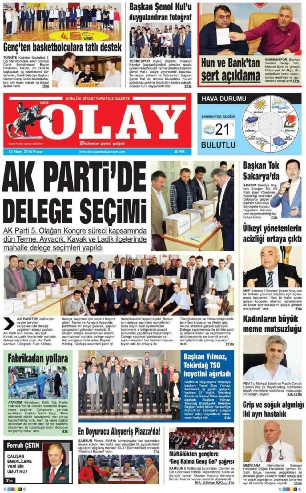 12 Ekim Pazar Samsun Yerel Gazeteleri
