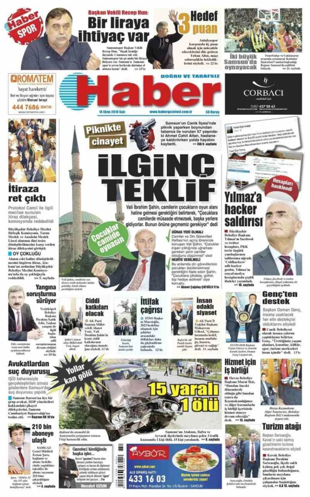 14 Ekim Salı Samsun Yerel Gazeteleri