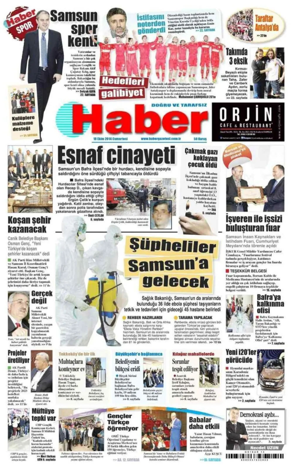18 Ekim Cumartesi Samsun Yerel Gazeteleri