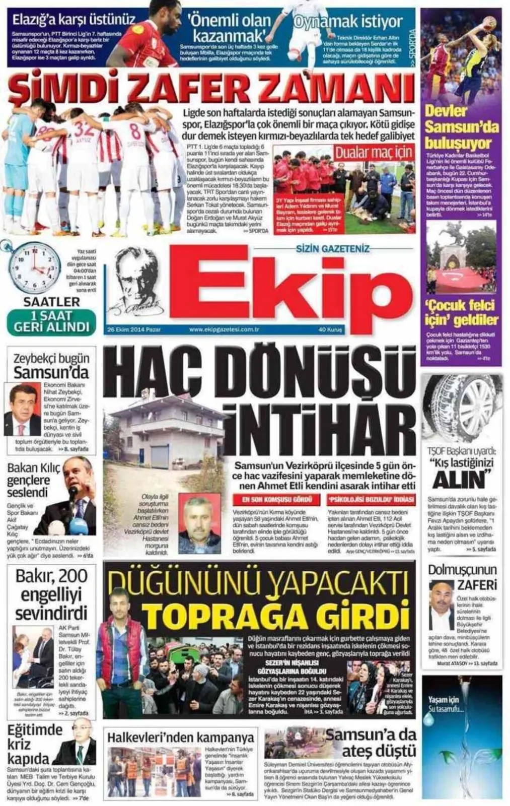 26 Ekim Pazar günü Samsun'un yerel gazeleri