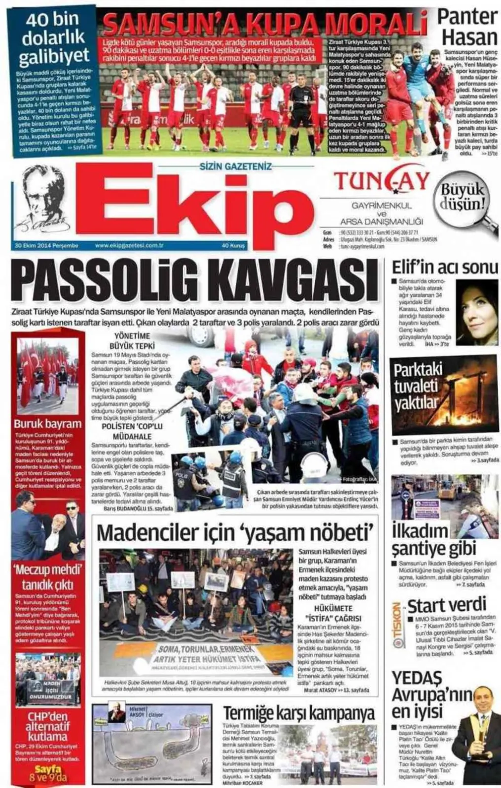 30 Ekim Perşembe Samsun'un Yerel Gazeteleri'nin birinci sayfaları - ARENA - DENGE - EKİP - HABER - HALK - GERÇEK - OLAY