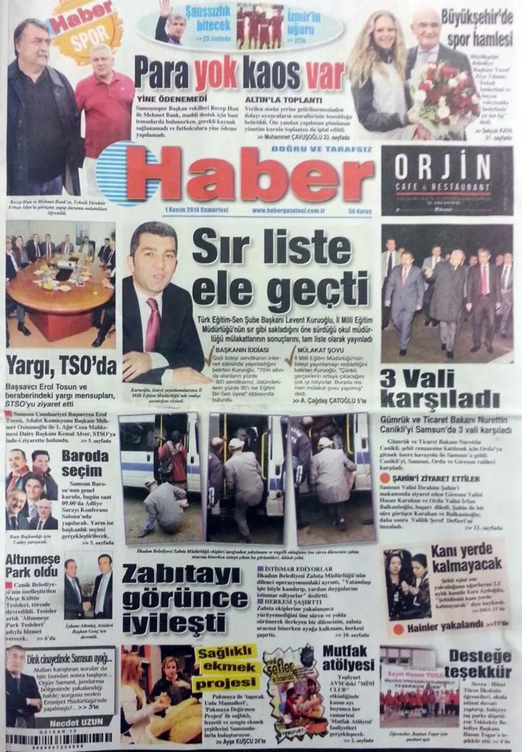 1 Kasım Cumartesi Samsun'da yayın yapan yerel gazetelerinin birinci sayfaları