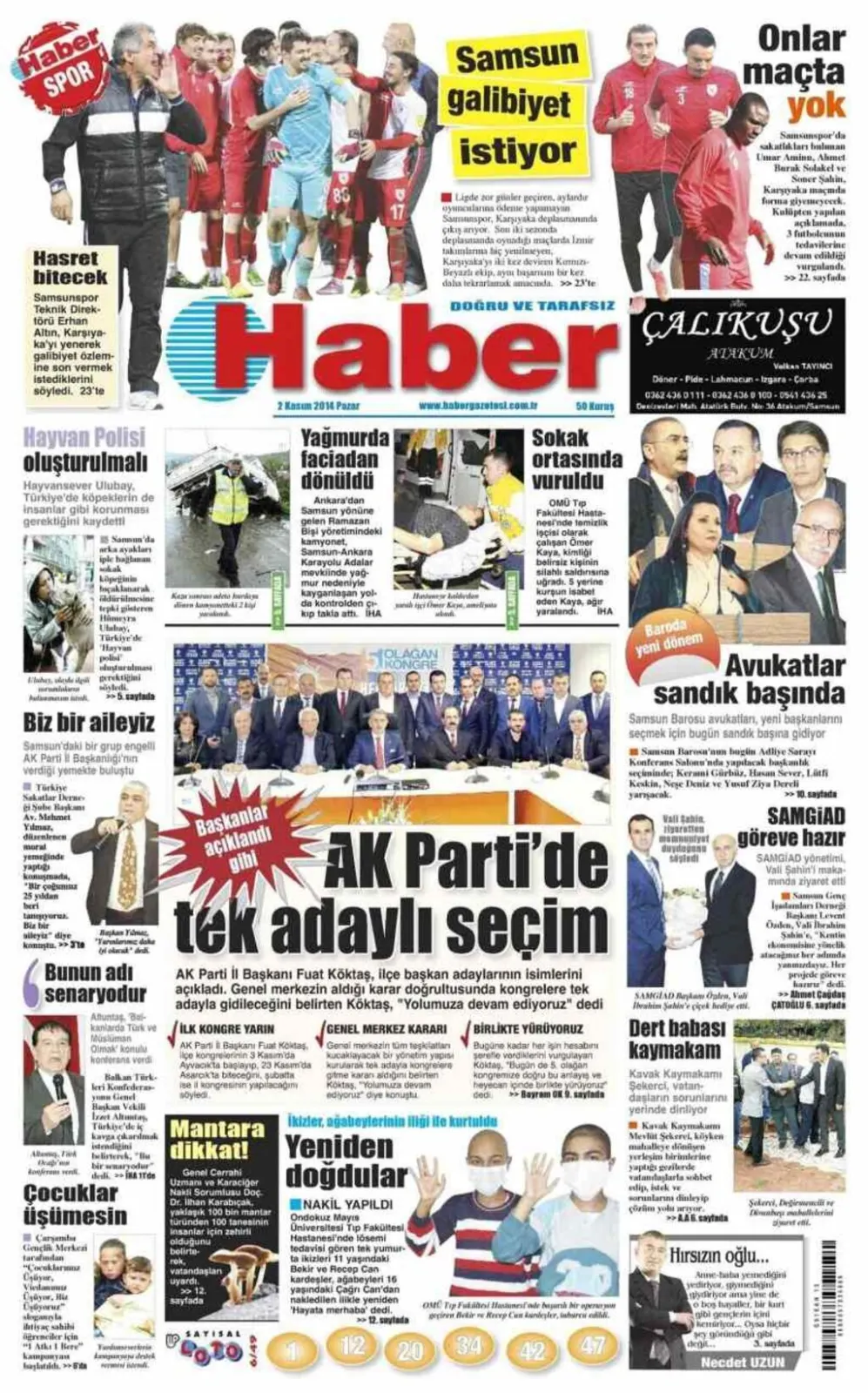 2 Kasım 2014 Pazar Samsun'un yerel gazetelerinin birinci sayfaları