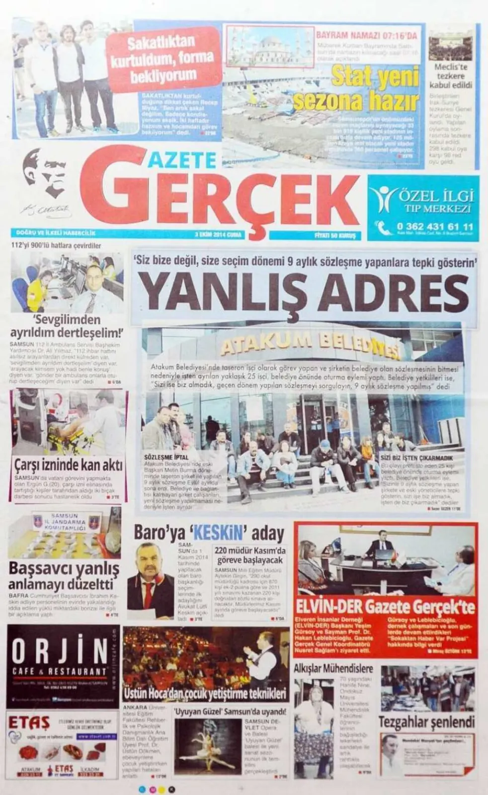 3 EKİM CUMA SAMSUN YEREL GAZETELERİ