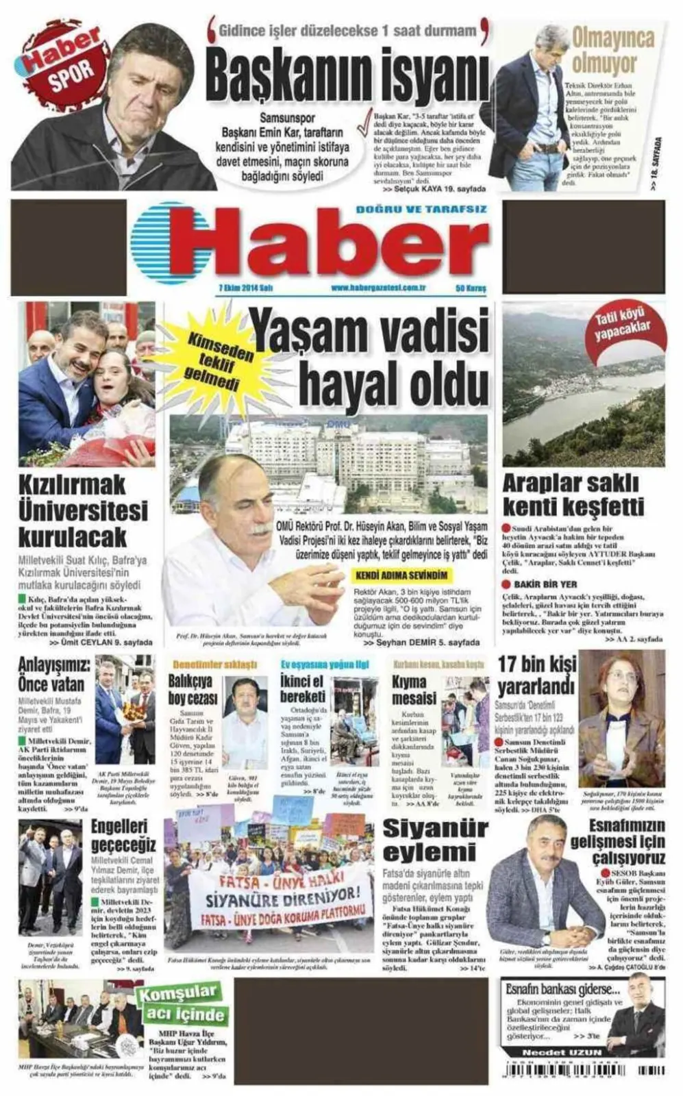 7 Ekim Salı Yerel Gazeteler