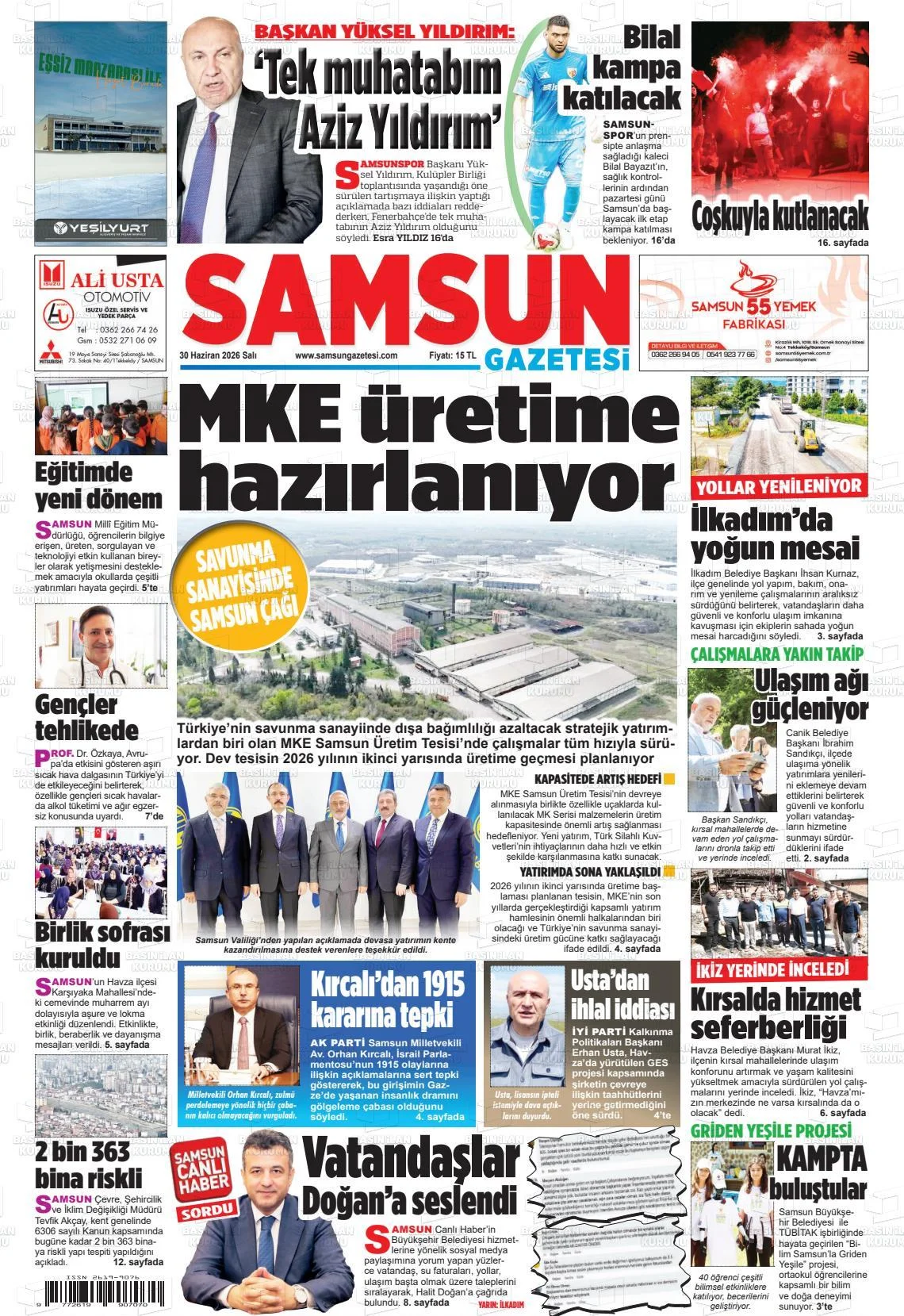 Samsun Gündemi 30 Haziran Salı Samsun Yerel Gazeteleri - Fotoğraf 1