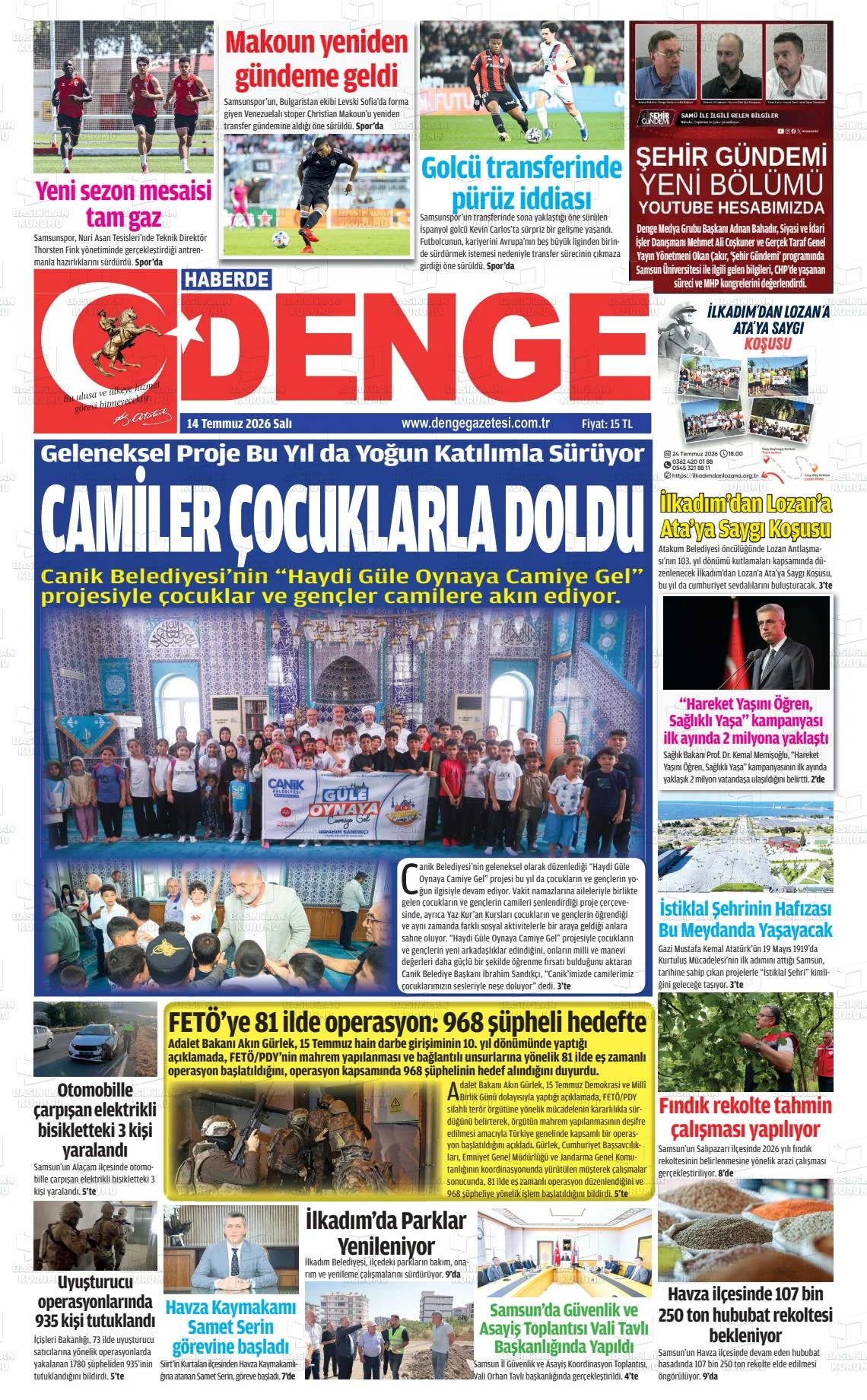 Samsun Yerel Gazeteleri Gündemi 14 Temmuz Salı - Samsun Gazete Manşetleri - Fotoğraf 1
