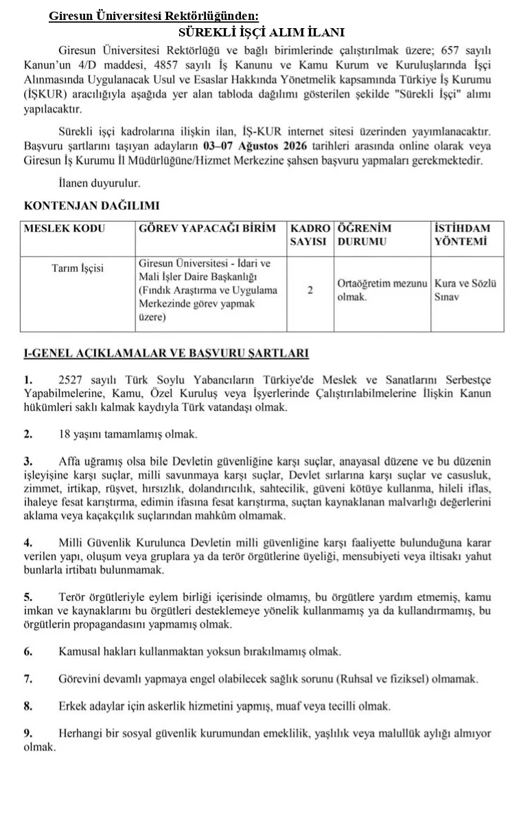Giresun Üniversitesi sürekli işçi ve sözleşmeli personel alacak! Başvurular bugün başladı - Fotoğraf 1