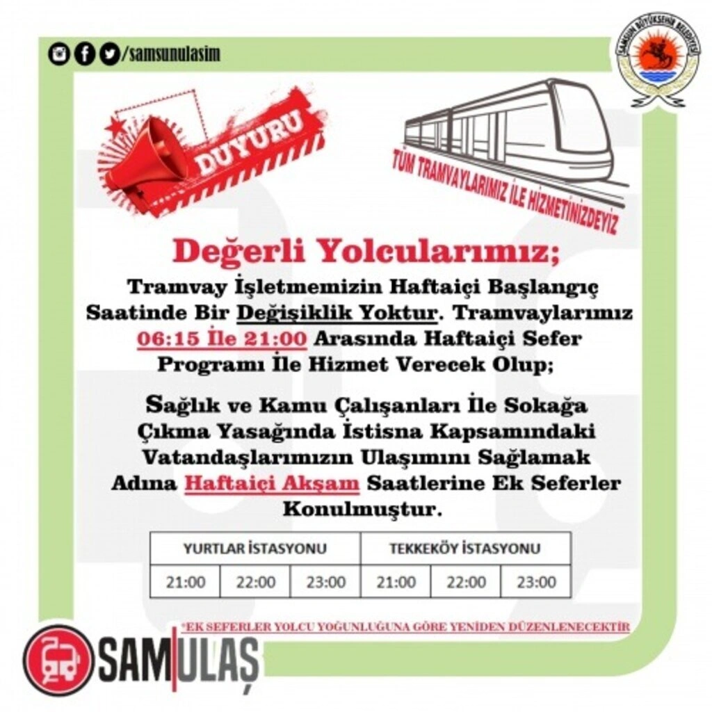 SAMULAŞ Tramvay sefer saatleri, Samsun Tramvay sefer saatleri - Resim 1