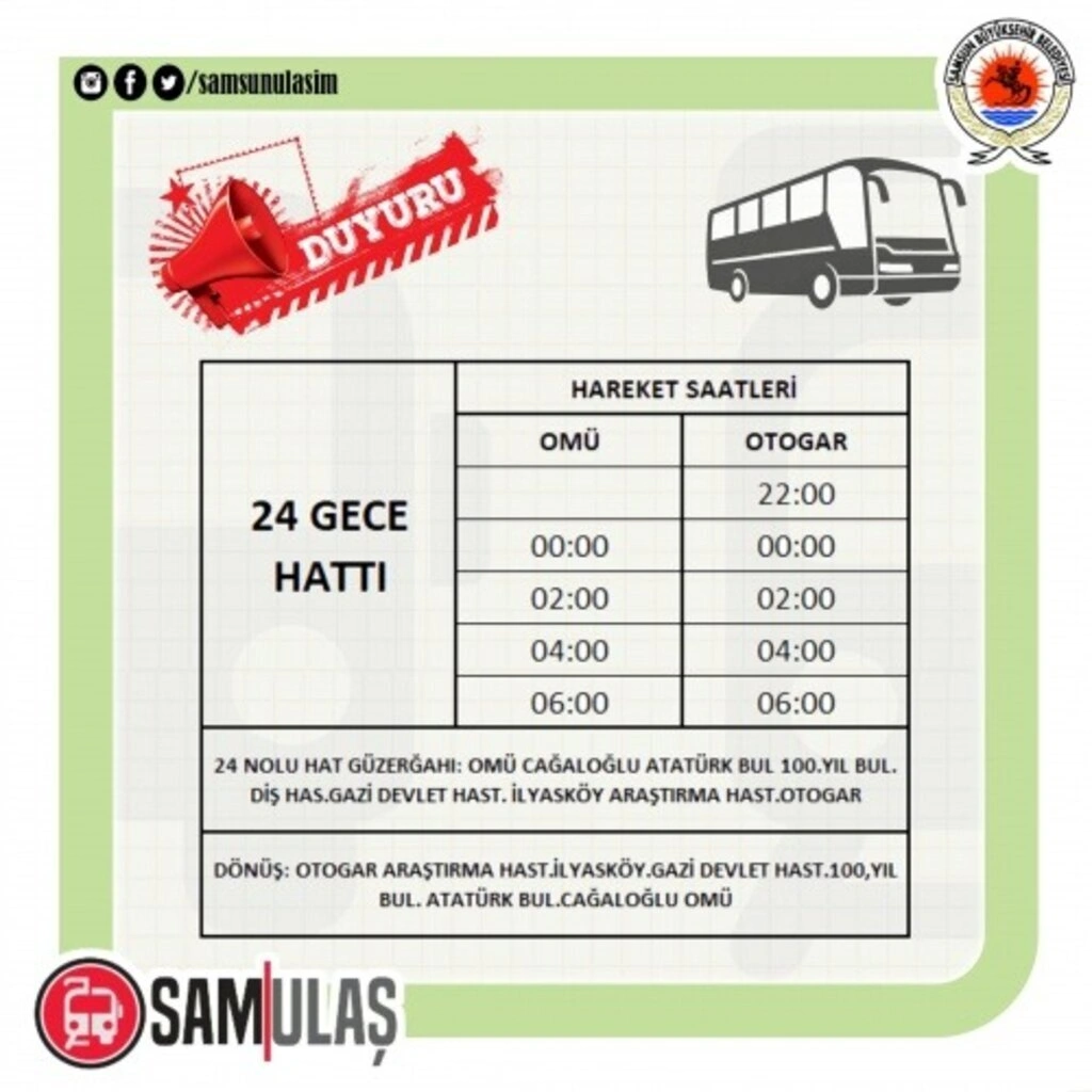 Samsun SAMULAŞ 26 ve 27 Aralık Tramvay ve Otobüs Sefer Saatleri - Resim 1