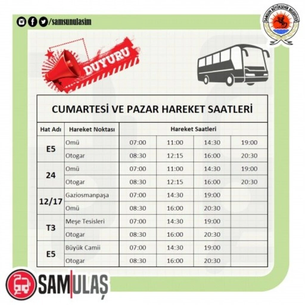 Samsun Tramvay ve Otobüs Sefer Saatleri -  23-24  Ocak 2021 - Resim 2