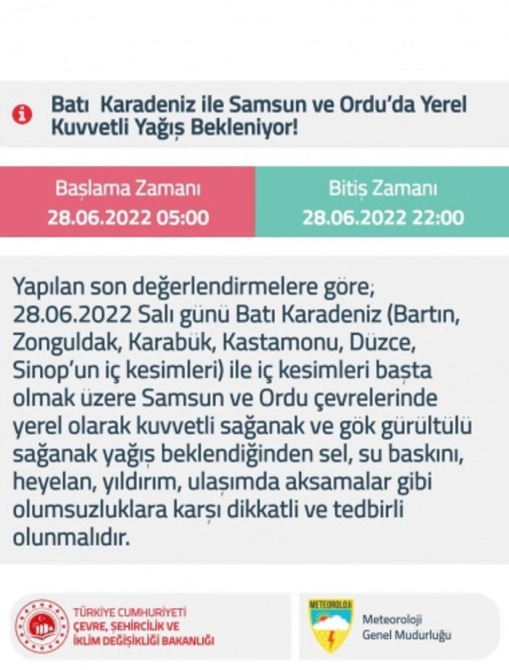 Samsun için sağanak yağış uyarısı - 28 Haziran Salı - Resim 1