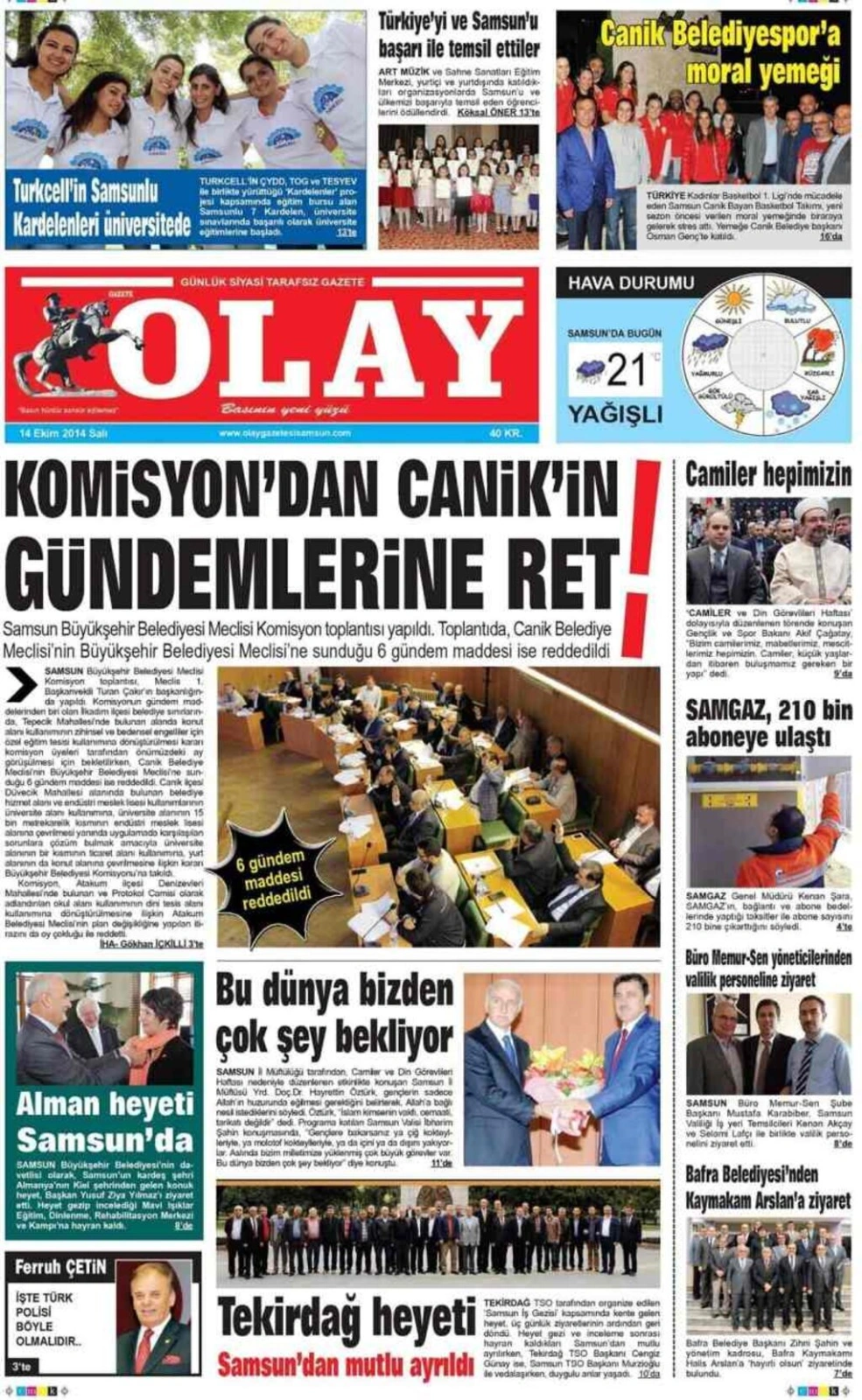 14 Ekim Salı Samsun Yerel Gazeteleri - Resim 7