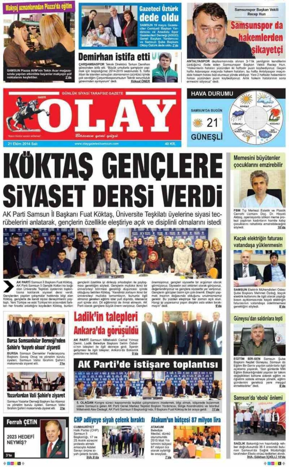 21 Ekim Salı Yerel Gazetelerin birinci sayfaları - Resim 4