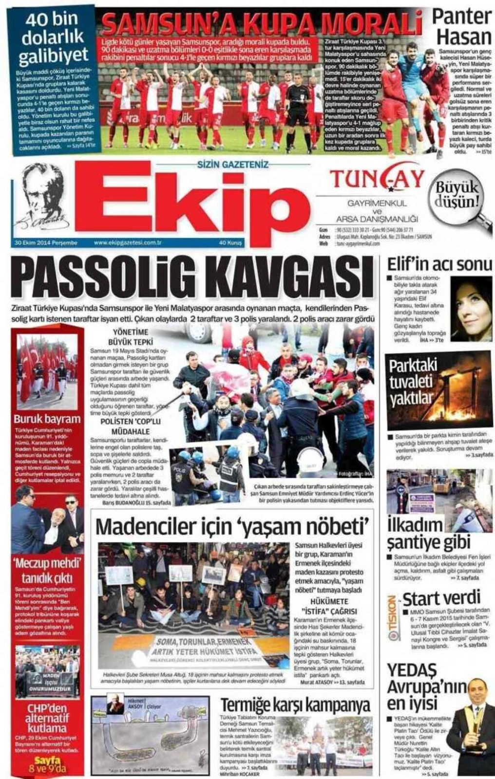 30 Ekim Perşembe Samsun'un Yerel Gazeteleri'nin birinci sayfaları - ARENA - DENGE - EKİP - HABER - HALK - GERÇEK - OLAY - Resim 3