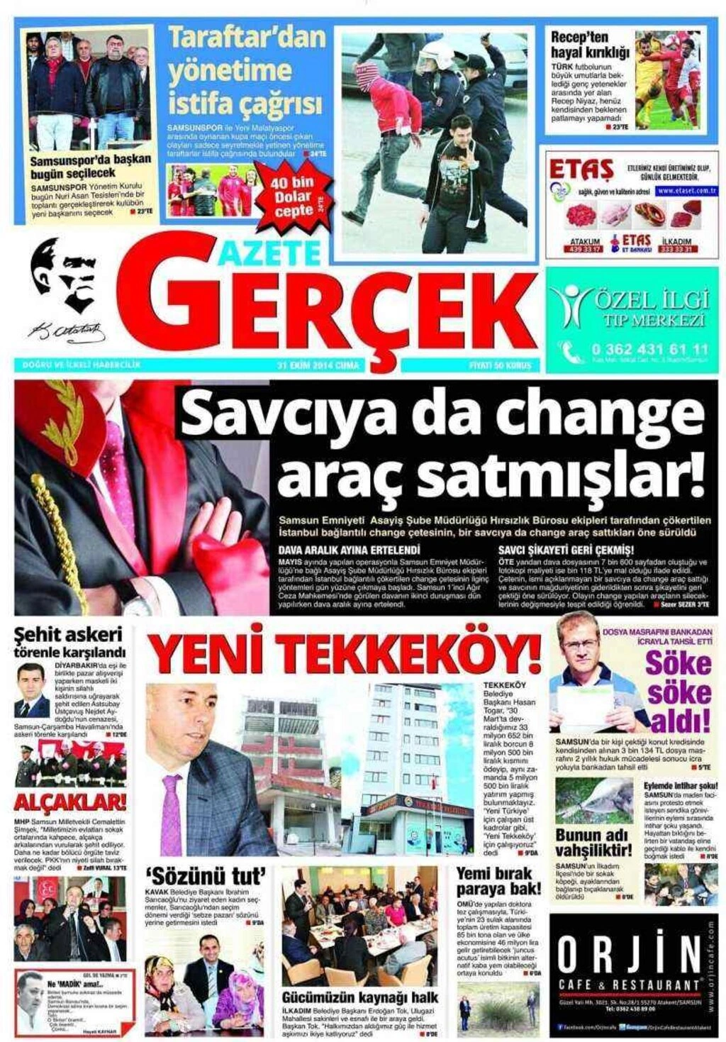 31 Ekim Cuma Samsun'un Yerel Gazetelerinin birinci sayfaları - Resim 4