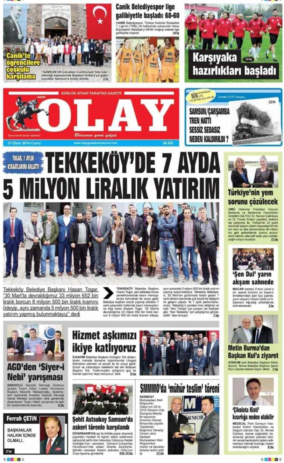 31 Ekim Cuma Samsun'un Yerel Gazetelerinin birinci sayfaları - Resim 7
