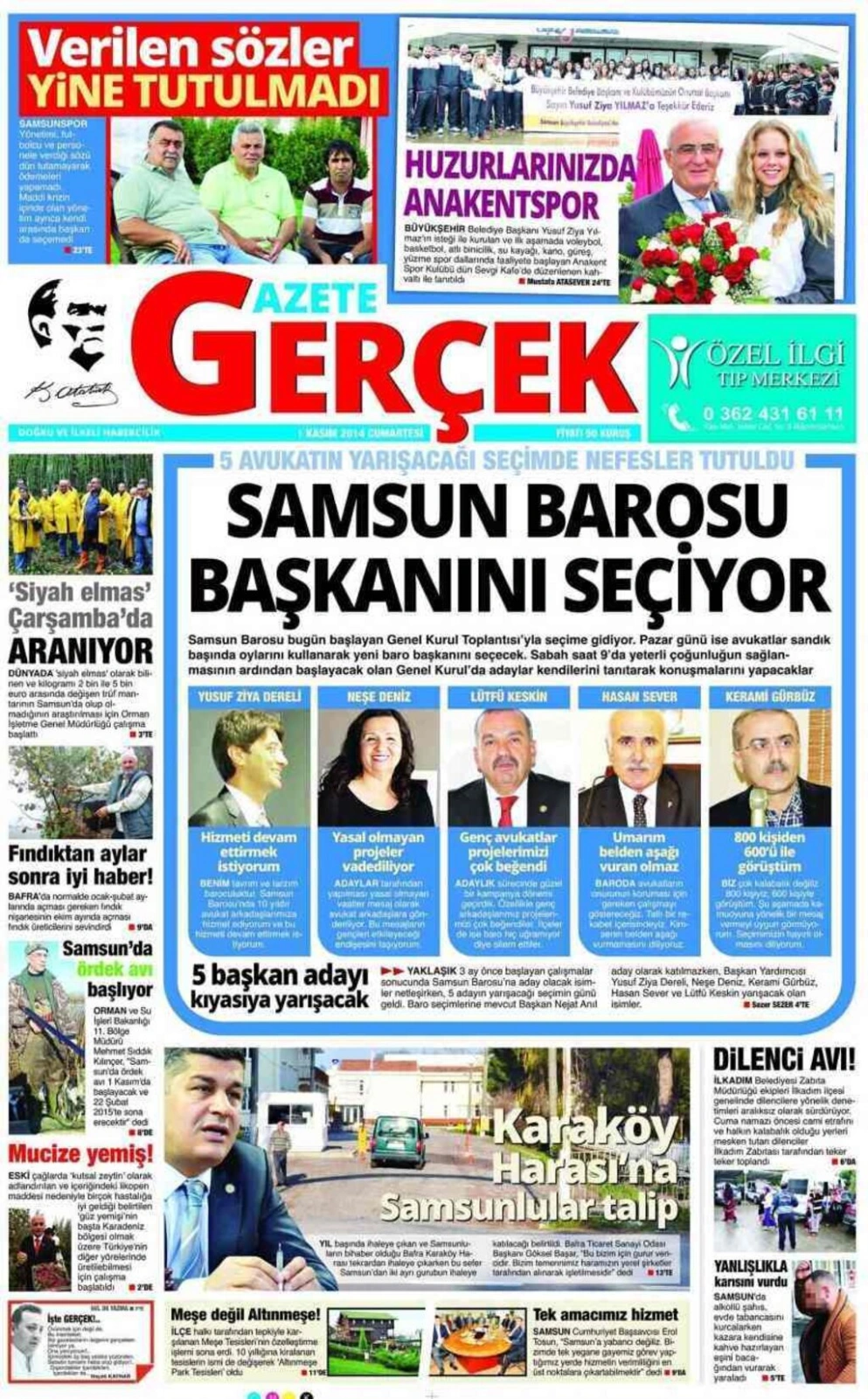 1 Kasım Cumartesi Samsun'da yayın yapan yerel gazetelerinin birinci sayfaları - Resim 4