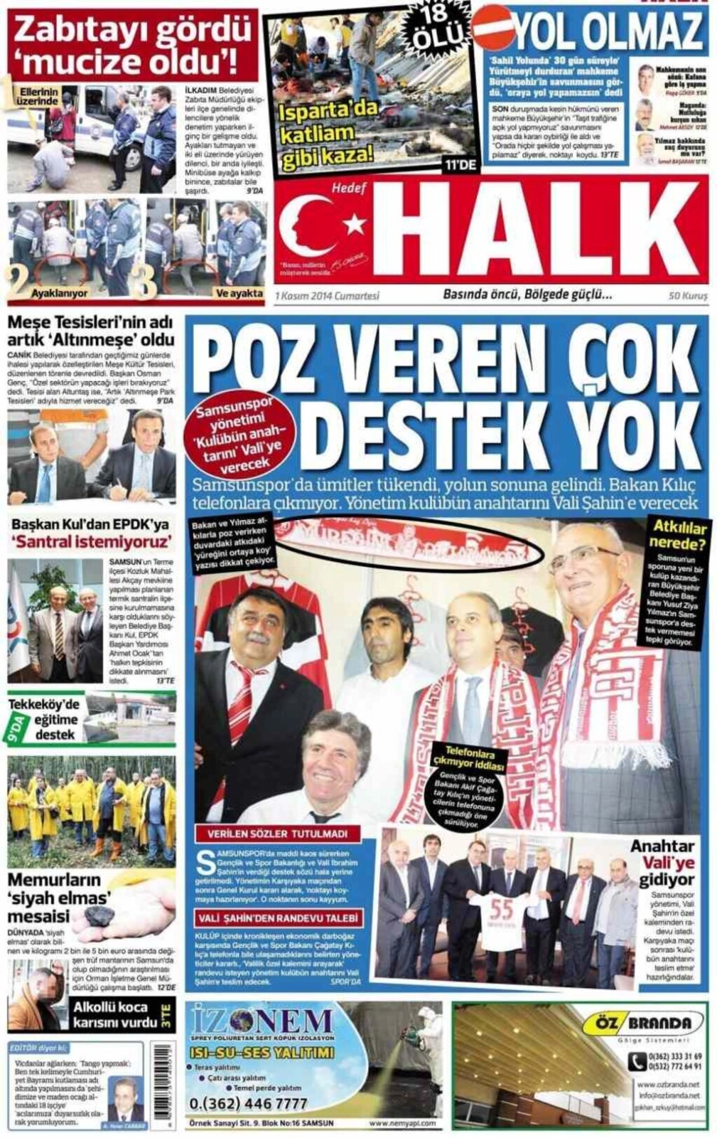 1 Kasım Cumartesi Samsun'da yayın yapan yerel gazetelerinin birinci sayfaları - Resim 6
