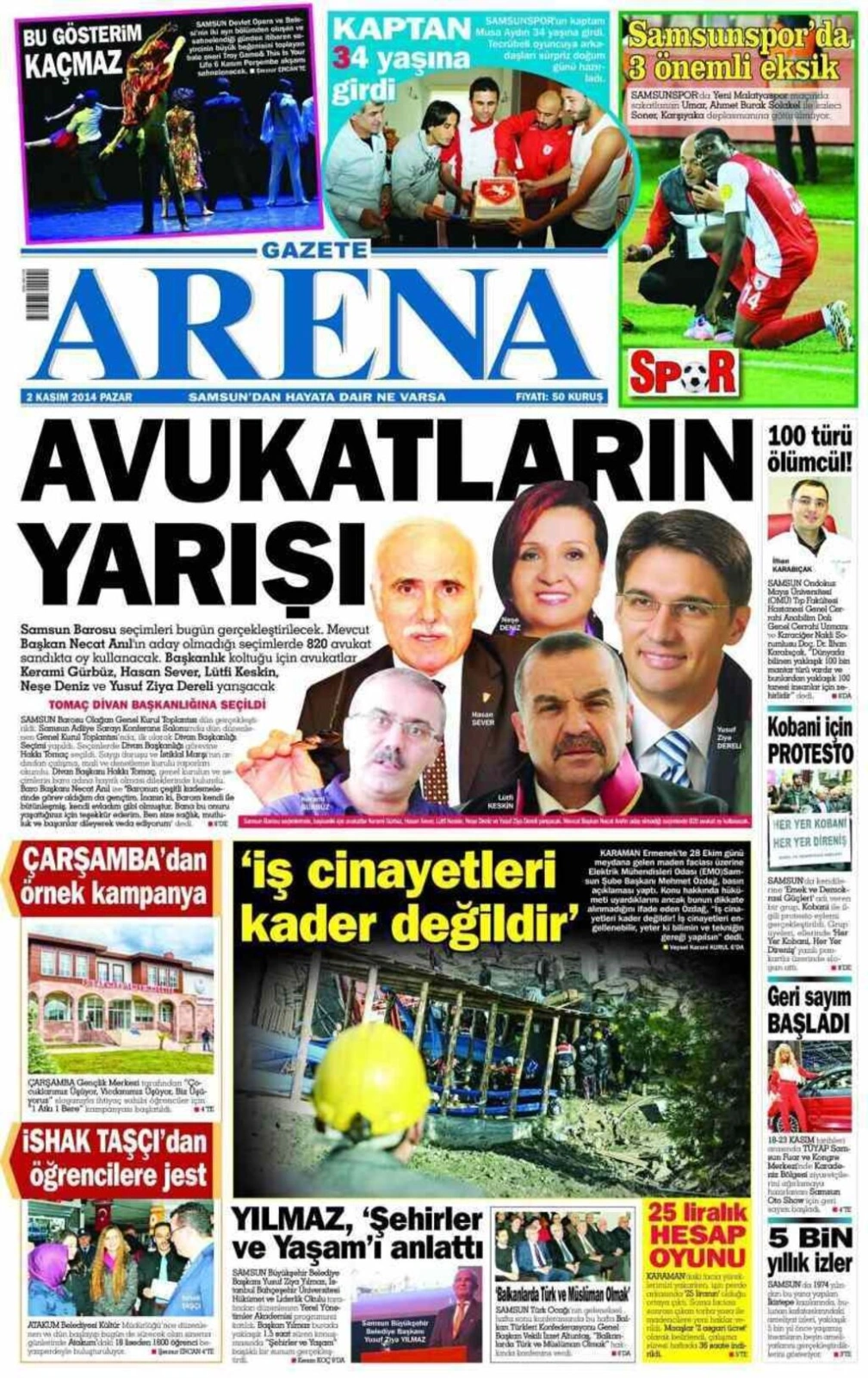2 Kasım 2014 Pazar Samsun'un yerel gazetelerinin birinci sayfaları - Resim 1