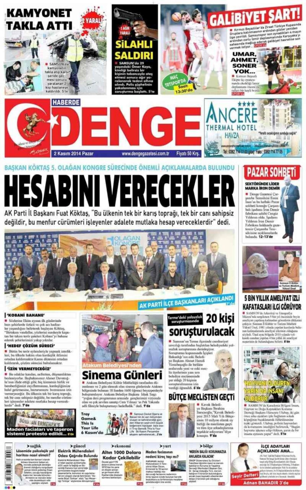 2 Kasım 2014 Pazar Samsun'un yerel gazetelerinin birinci sayfaları - Resim 2