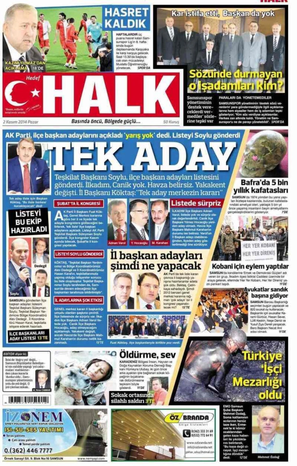 2 Kasım 2014 Pazar Samsun'un yerel gazetelerinin birinci sayfaları - Resim 5