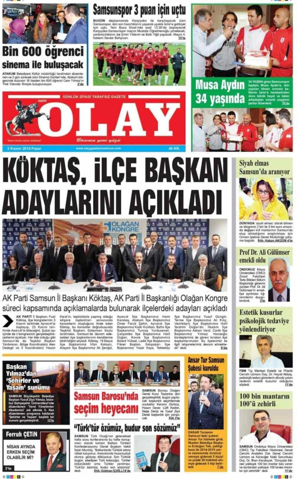 2 Kasım 2014 Pazar Samsun'un yerel gazetelerinin birinci sayfaları - Resim 6