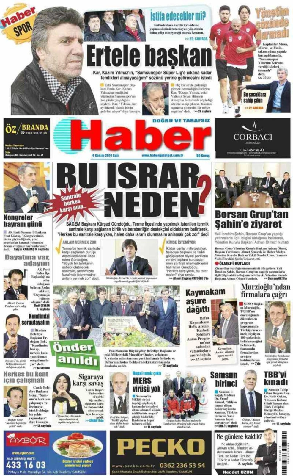 4 Kasım 2014 Samsun'un Yerel Gazetelerinin birinci sayfaları - Resim 5
