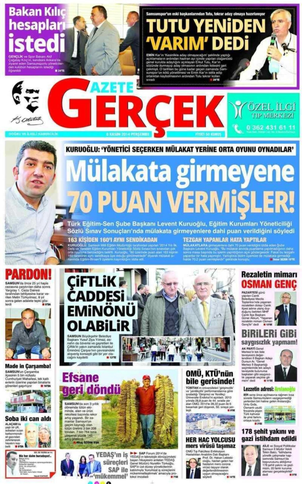 6 Kasım 2014 Samsun Yerel Gazeteleri'nin birinci sayfaları - Resim 4
