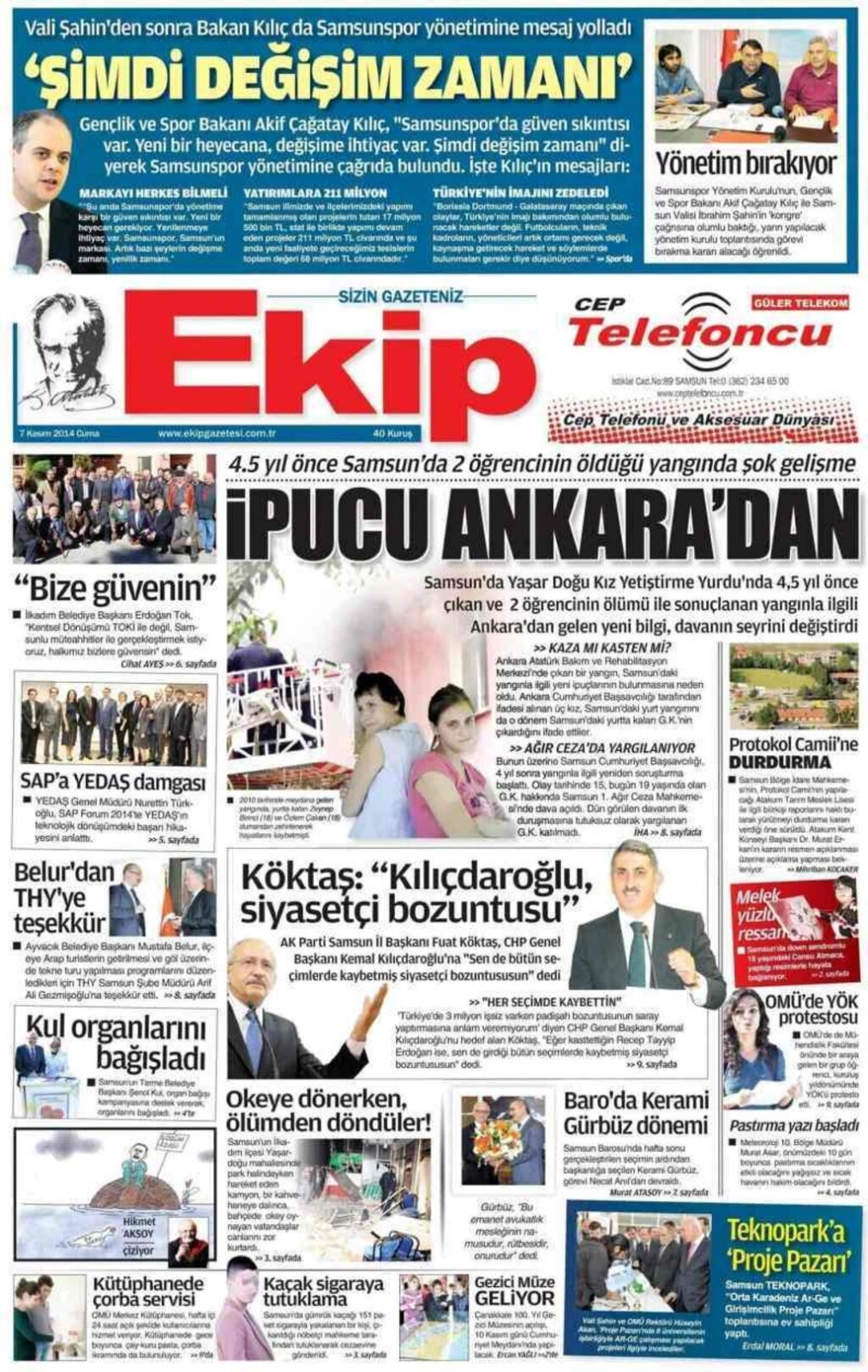 7 Kasım 2014 Samsun'un Yerel Gazetelerinin birinci sayfaları - Resim 3