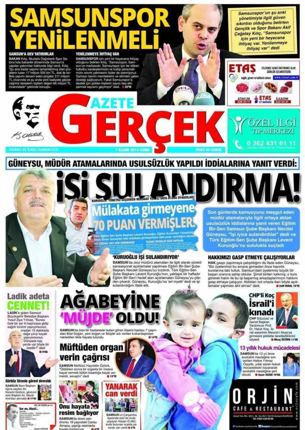 7 Kasım 2014 Samsun'un Yerel Gazetelerinin birinci sayfaları - Resim 4