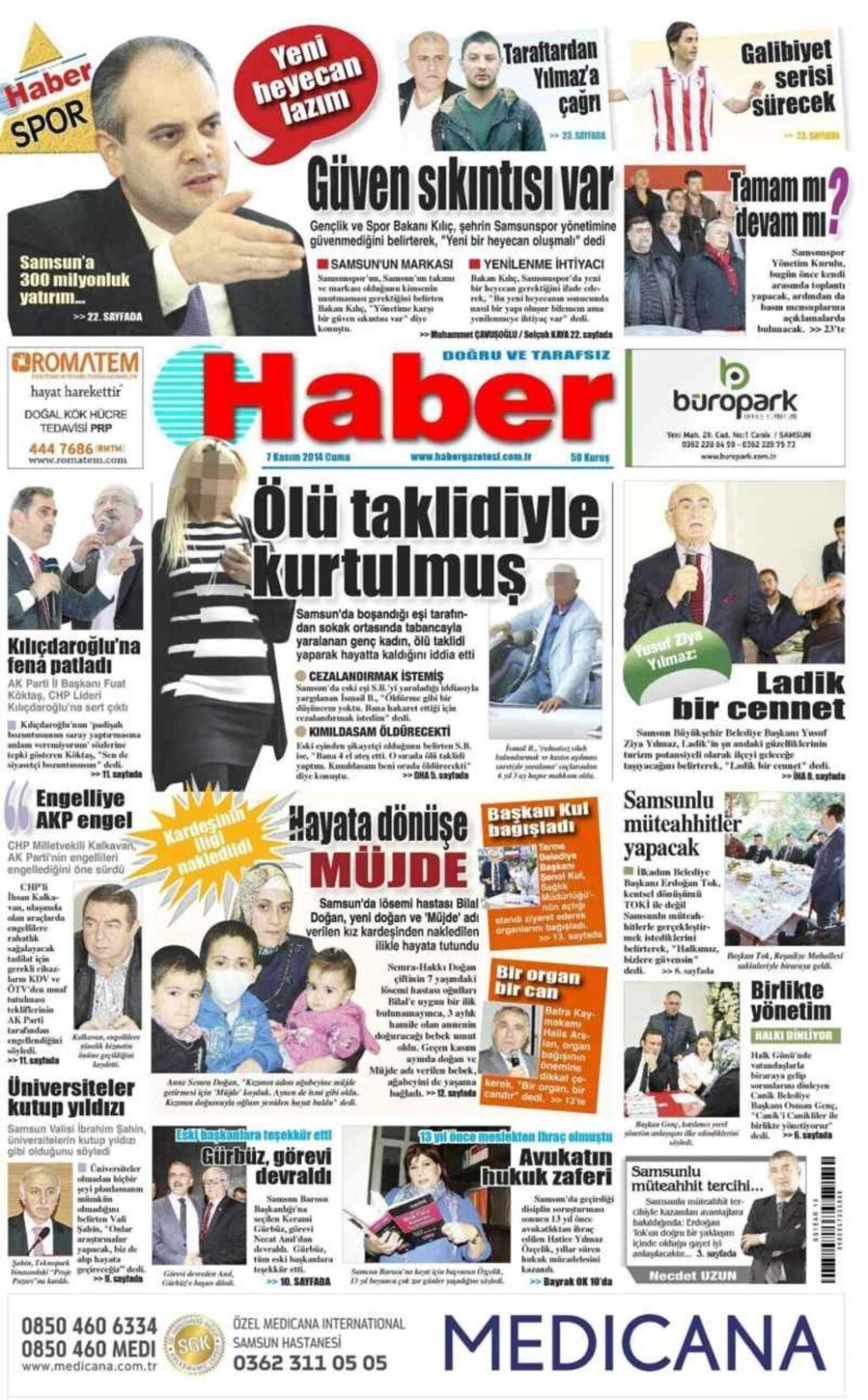 7 Kasım 2014 Samsun'un Yerel Gazetelerinin birinci sayfaları - Resim 5