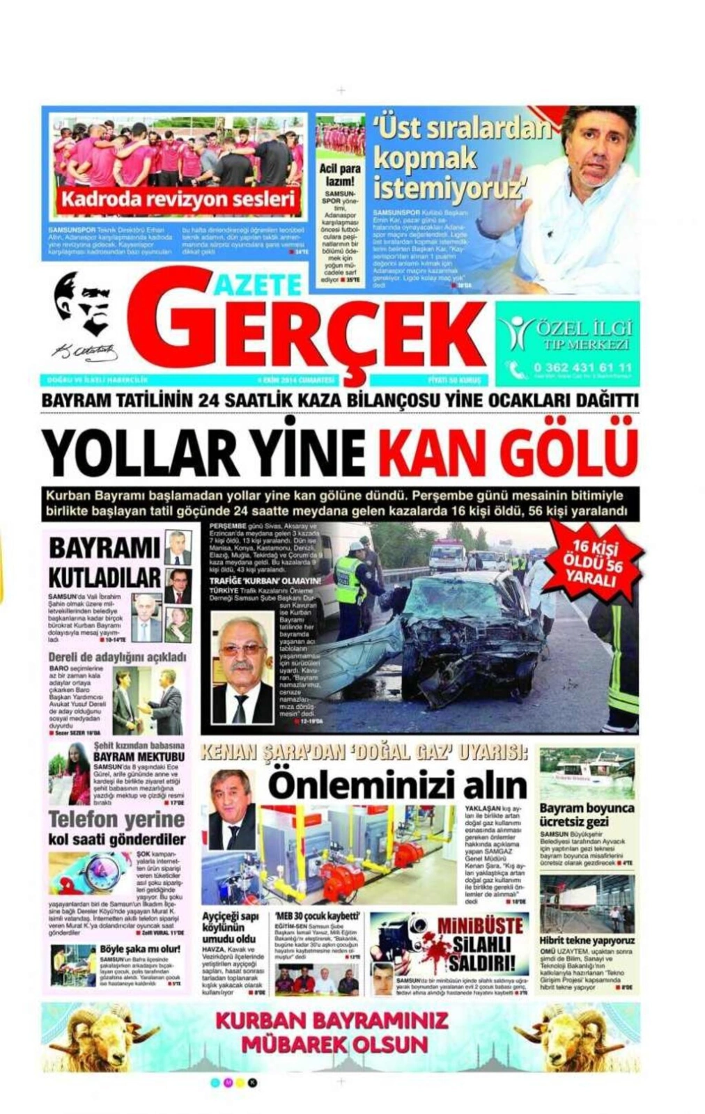 4 EKİM CUMARTESİ GÜNÜ SAMSUN YEREL GAZETELERİ 1. SAYFALARI - Resim 4