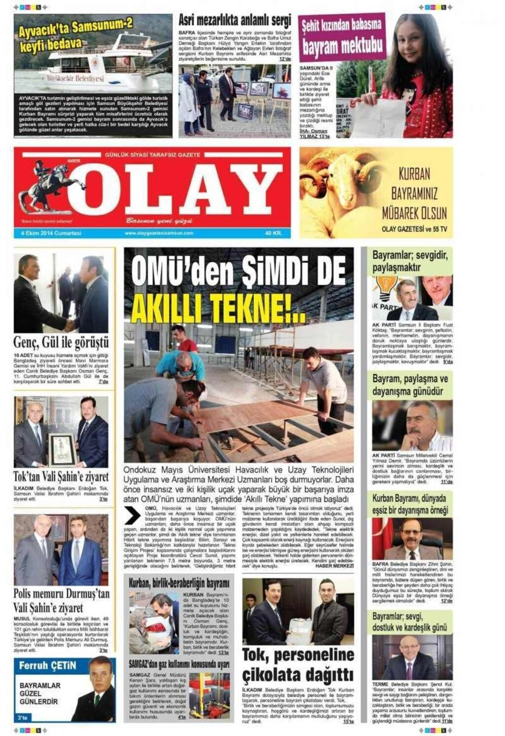 4 EKİM CUMARTESİ GÜNÜ SAMSUN YEREL GAZETELERİ 1. SAYFALARI - Resim 6
