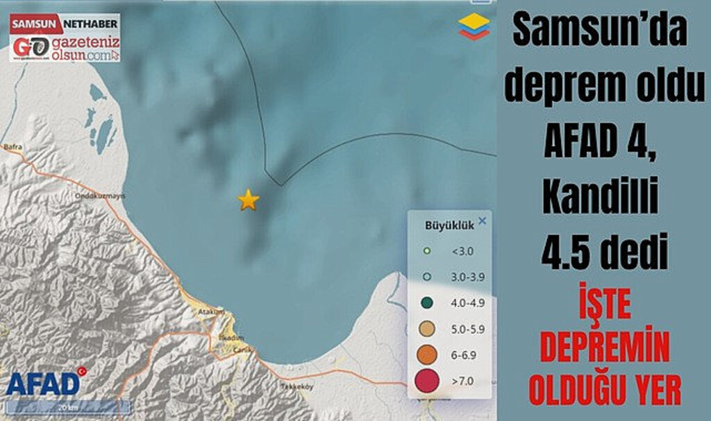 Samsun Taflan Karadeniz açıklarında deprem! AFAD 4, Kandilli 4.5 dedi