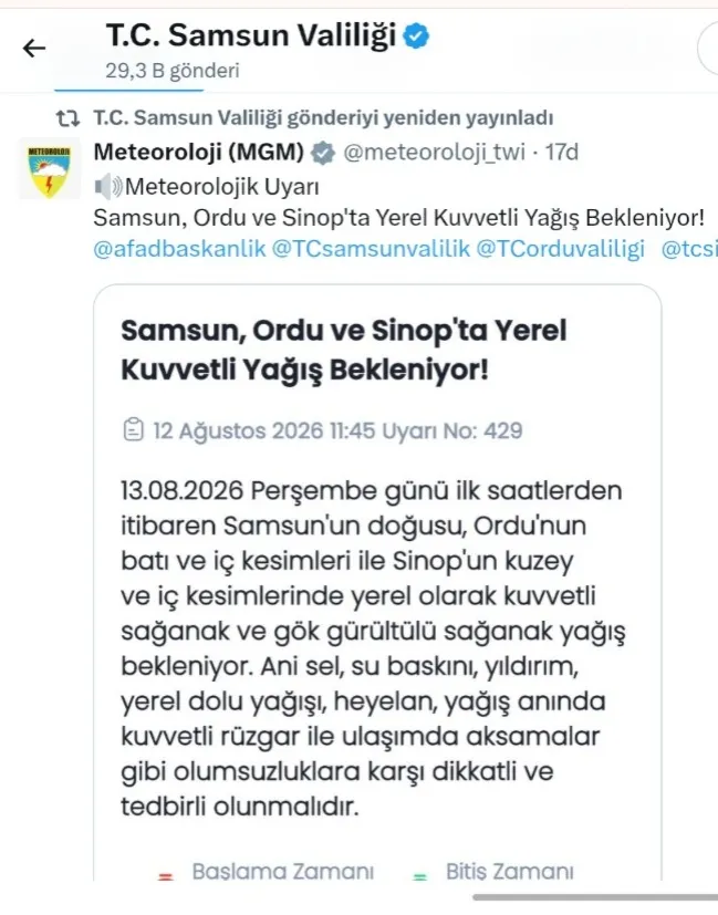 Samsun'a Kuvvetli Yağış Geliyor: Meteoroloji Saat Bile Verdi! 13 ağustos Samsun Hava Durumu Samsun'a Kuvvetli Yağış Geliyor: Meteoroloji Saat Bile Verdi! 13 ağustos Samsun Hava Durumu