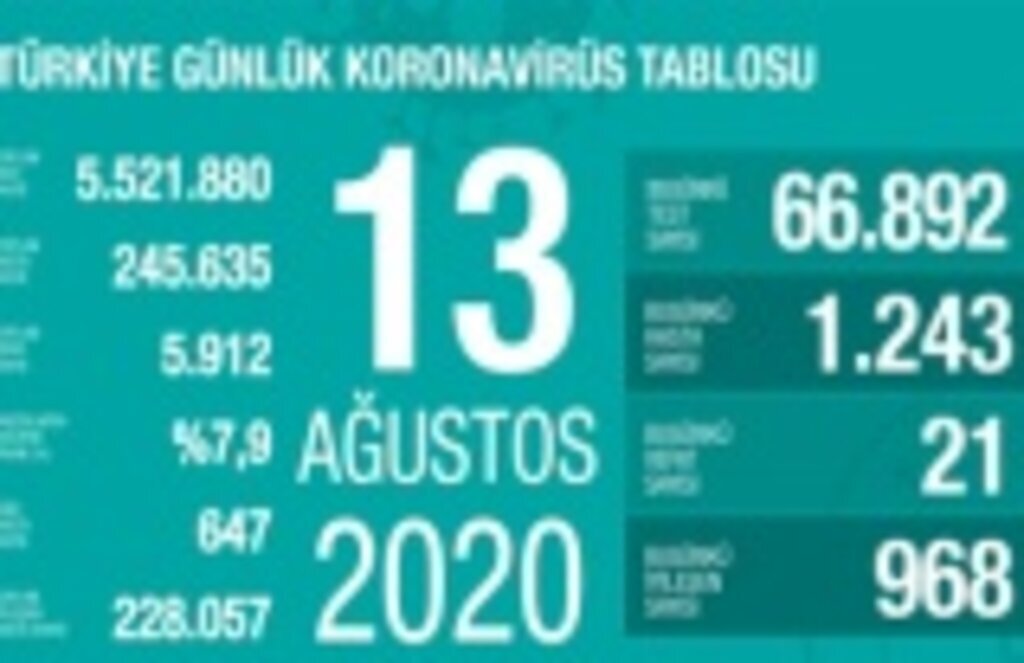 13 Ağustos koronavirüs tablosu, 21 kişi vefat etti, 1243 yeni vaka tespit edildi