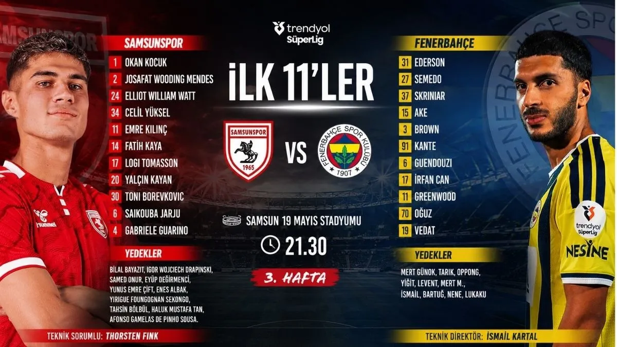 Samsunspor Fenerbahçe Maçının İlk 11’leri Belli Oldu!