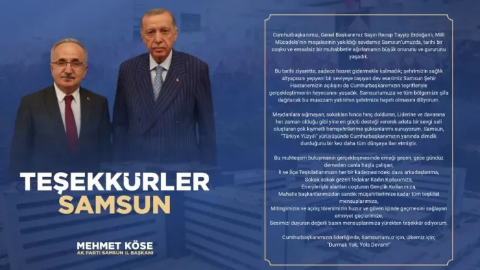 AK Parti Samsun İl Başkanlığı’ndan Teşekkür Mesajı