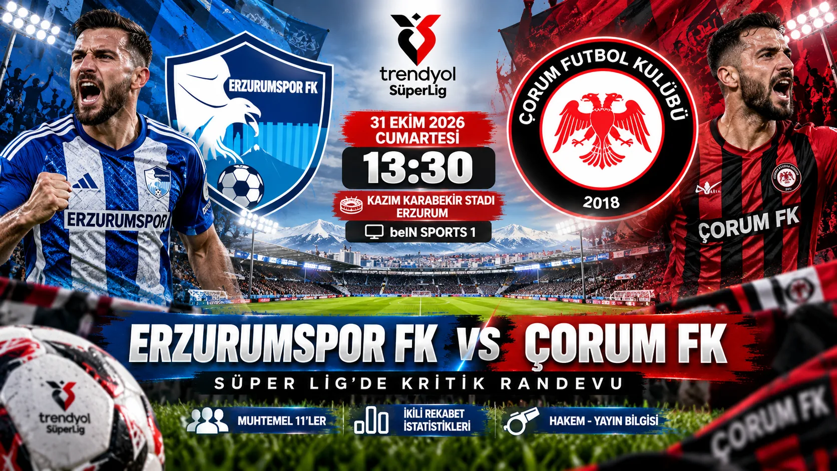 Erzurumspor FK Çorum FK Maçı Canlı yayın Saat Kaçta? Erzurumspor Çorumspor Kadrolar ve İstatistikler